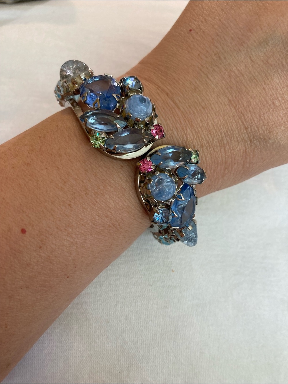 Blue Pink Green Stones Vintage Clamper Hinged Bracelet